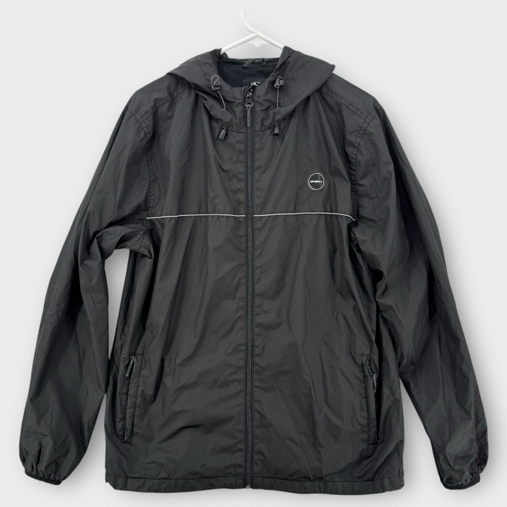 O'Neill Windbreaker Jacket Mens Medium Standard Fit Hooded Black‎ Zip Running